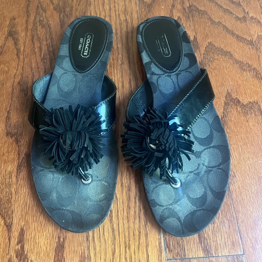 Coach Black Logo Flip Sandals with Tassel Pom Detail - Picture 3 of 5